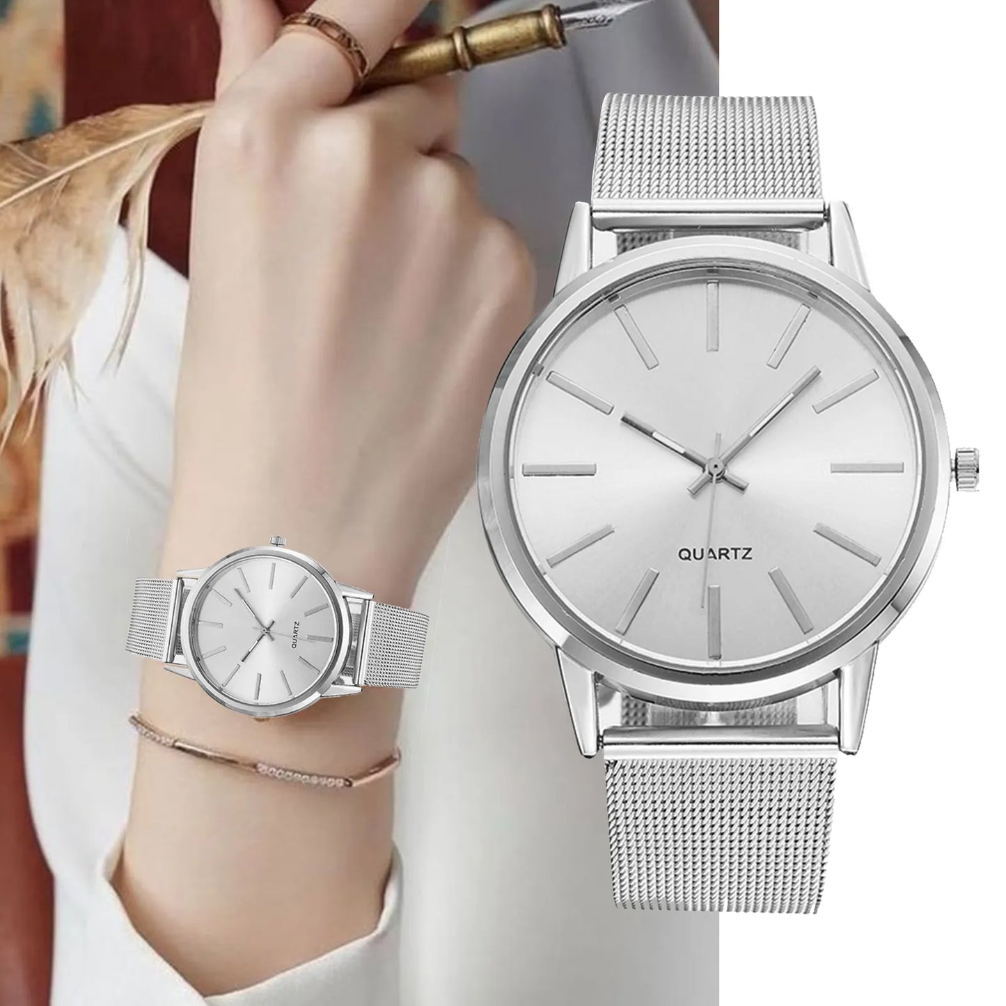 Montre minimaliste en cuir et acier pour femme